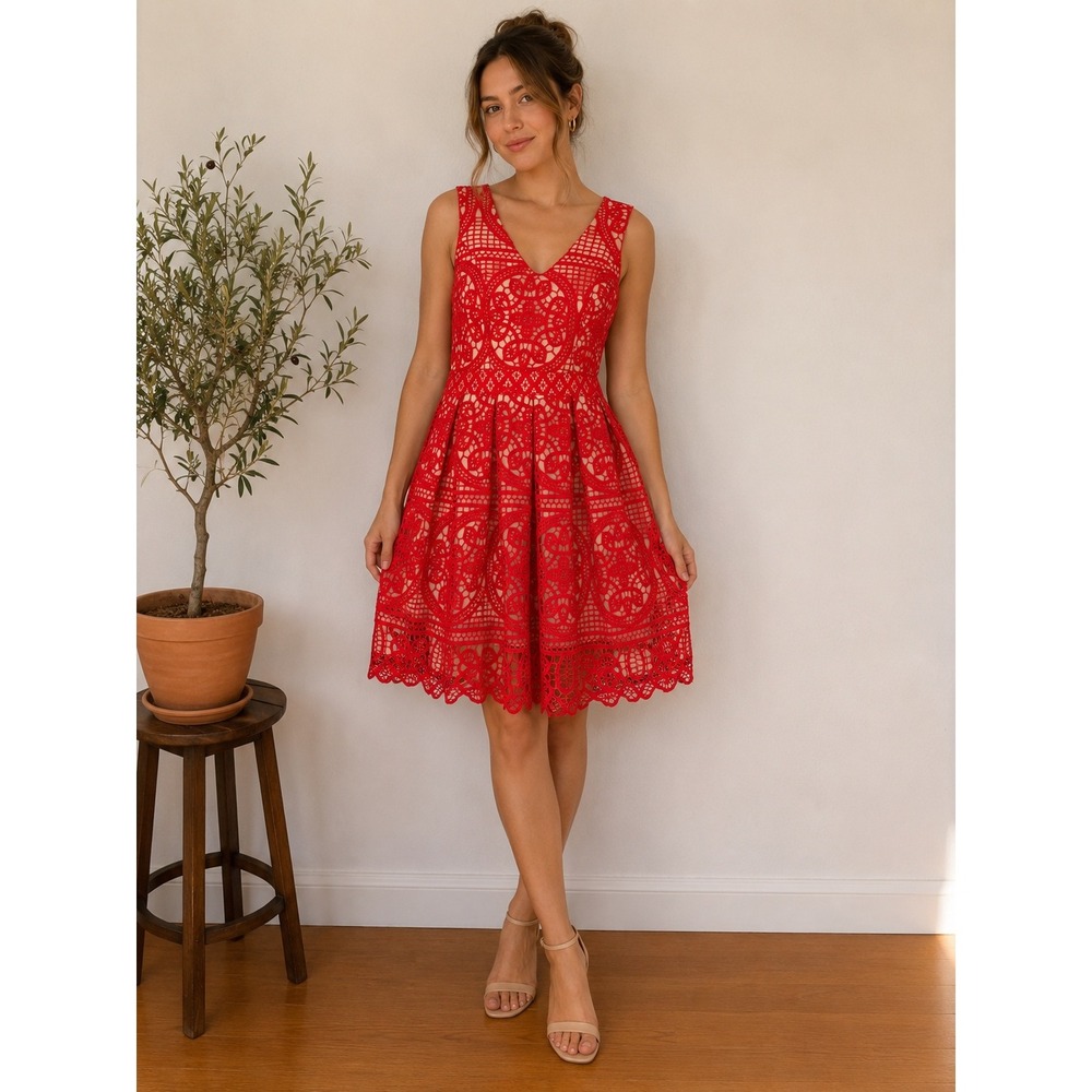 Anthropologie HD in Paris Dress Dress Women's 8 Coral Red Crochet‎ Lace